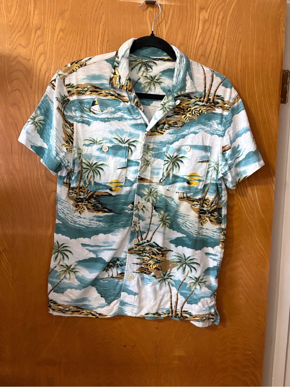J. Crew Men's Teal, White and Brown Tropical Button-Down cotton Shirt S